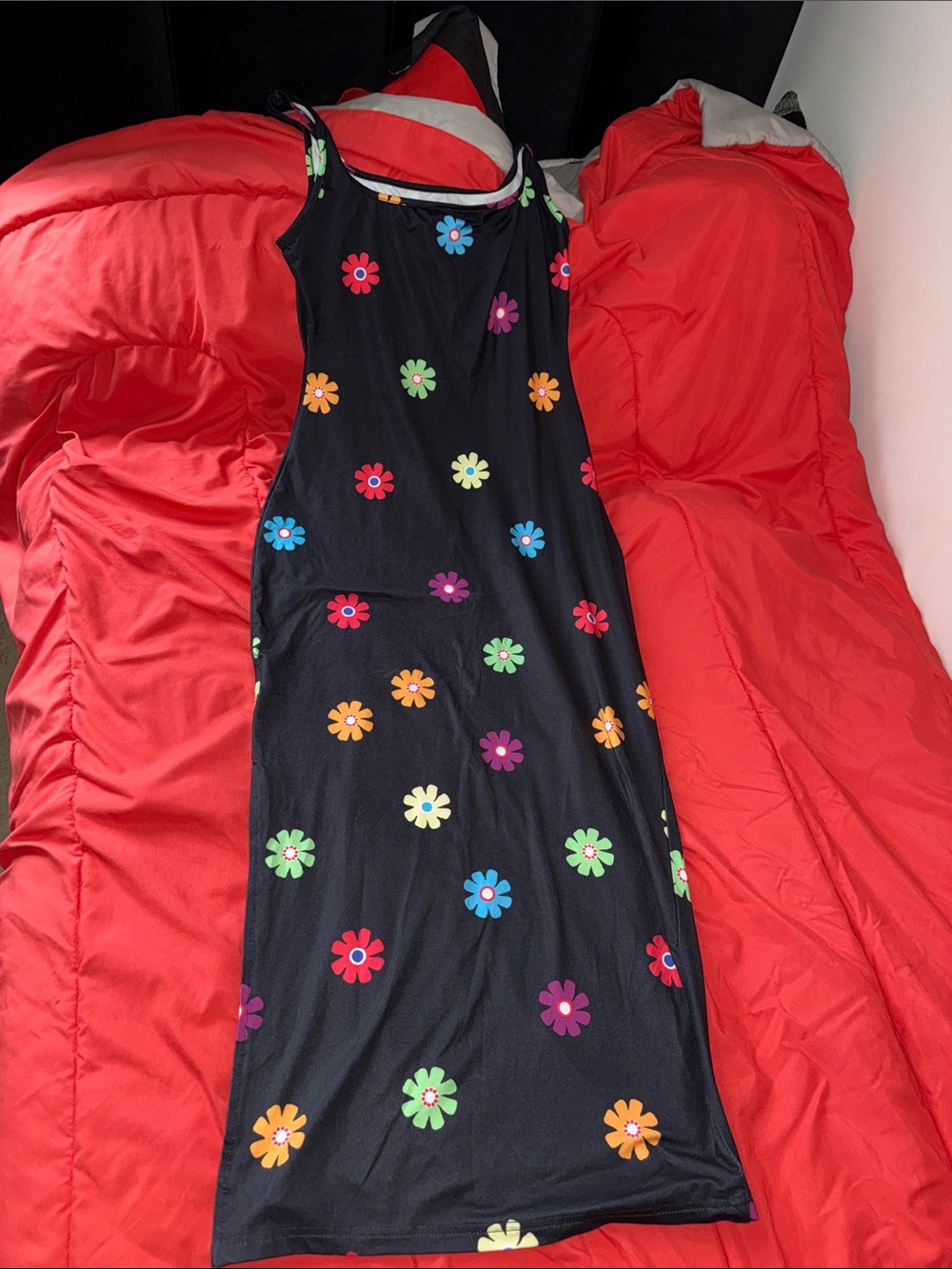 SHEIN Black Floral Tank Maxi Dress with Multicolor Daisies